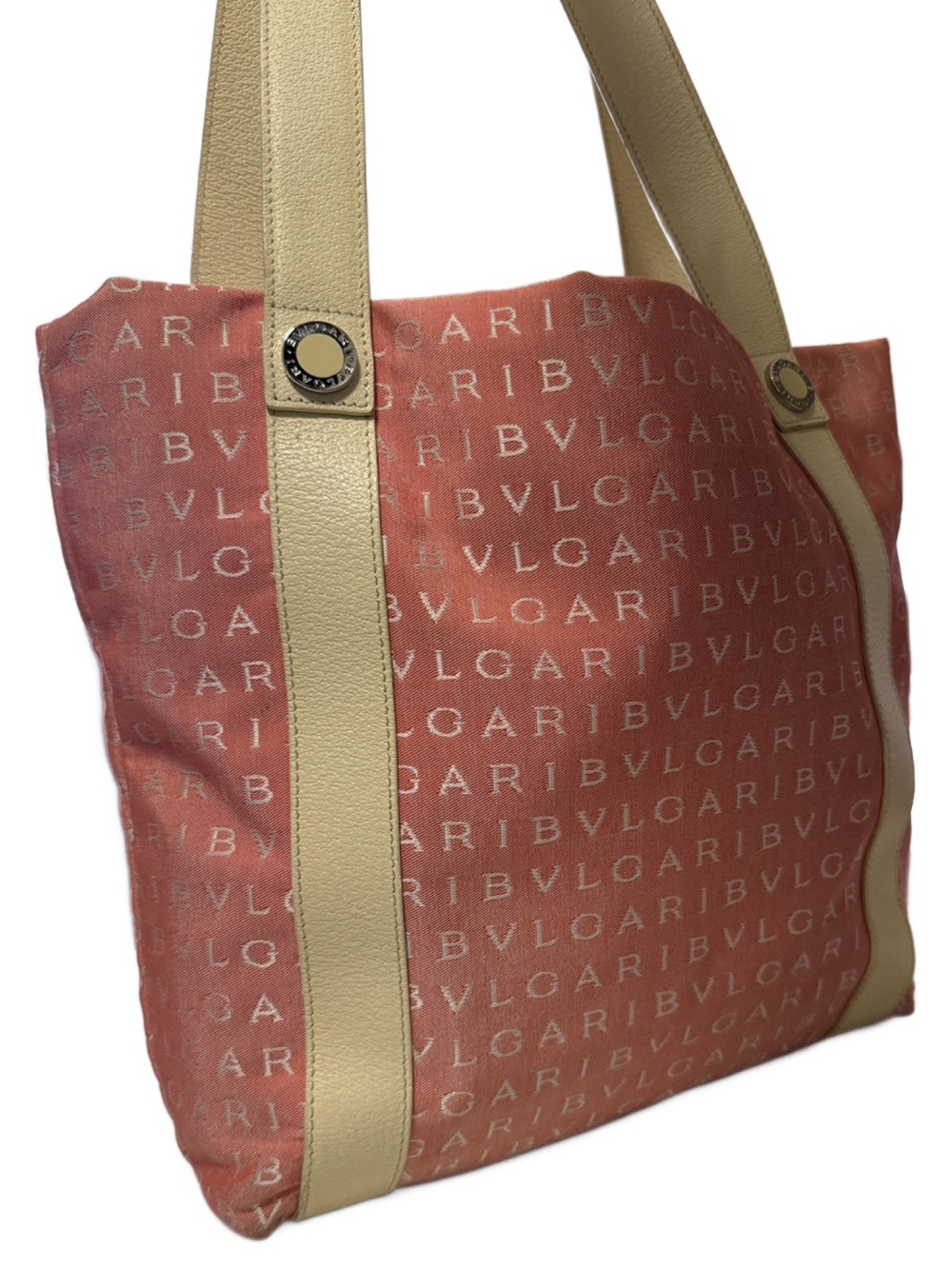 BVLGARI Bulgari Logomania Pink Canvas Tote with Cream Straps - Picture 5 of 15